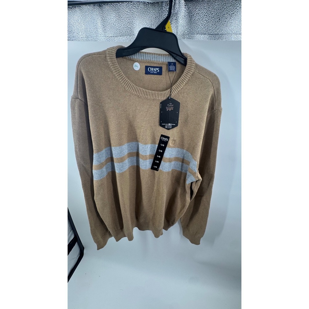 Chaps Mens Crewneck Sweater Camel Brown Grey Striped Knit Pullover Large NWT
